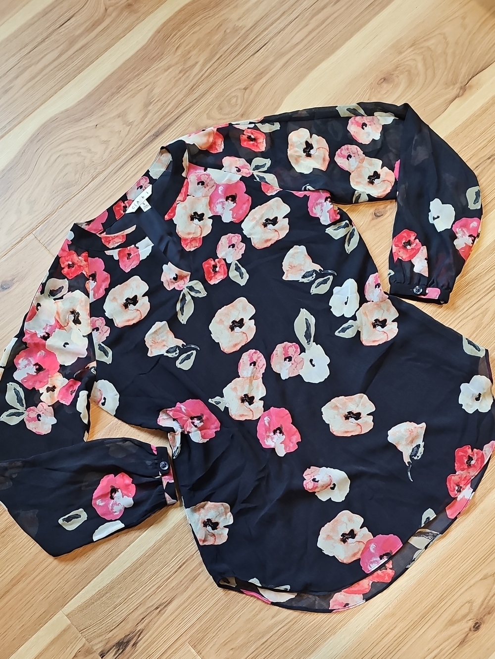 Navy Blue Cabi Floral Long-Sleeve Blouse - Sheer Sleeves SMALL